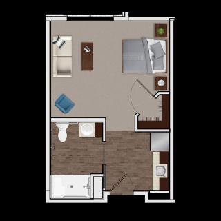 A floor plan of a compact studio apartment featuring a combined living and sleeping area, a kitchenette, and a bathroom.