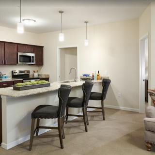 Modern kitchen with bar seating and pendant lighting.