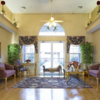 A spacious living room with elegant furniture, large windows adorned with curtains, and potted plants.