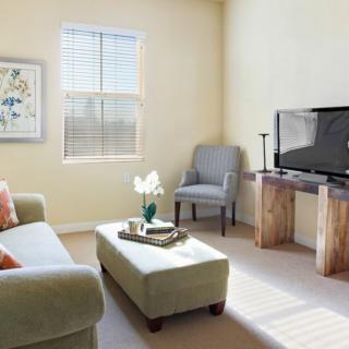 A cozy living room with a sofa, chair, coffee table, and television.