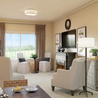 A cozy living room with elegant furniture and decor, featuring a large window and television.