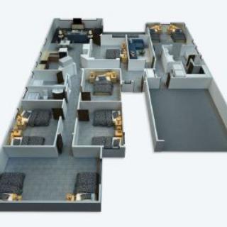 3D floor plan of a residential property showcasing room layouts and furnishings.