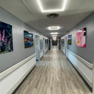 A serene hospital hallway adorned with colorful artwork, illuminated by modern lighting.