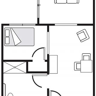 A simple floor plan of an apartment showing a bedroom, living room, and entrance.