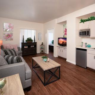 A cozy and modern living room with a comfortable sofa, coffee table, and a small kitchenette.