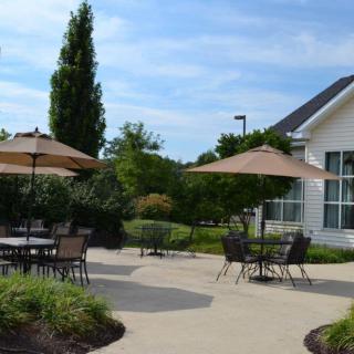 A sunny patio with tables and umbrellas, surrounded by lush landscaping and a house.