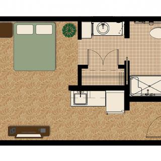 A simple floor plan showing a bedroom, bathroom, and living area.
