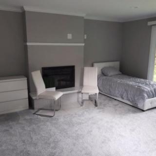 A minimalist bedroom featuring a single bed, dresser, and fireplace in gray tones.