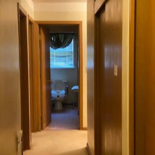 A view down a hallway leading to a bathroom in a home.