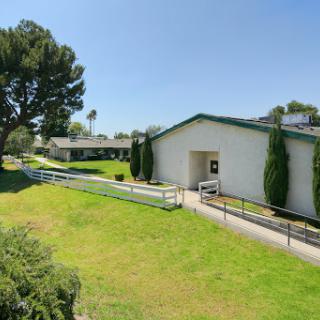 A serene view of a building surrounded by greenery and well-maintained pathways.
