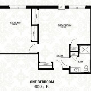 One-bedroom apartment floor plan with a total area of 688 square feet.