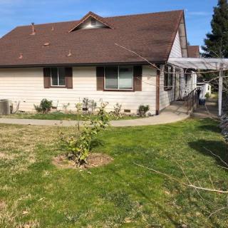 A residential house with a grassy yard and small garden.