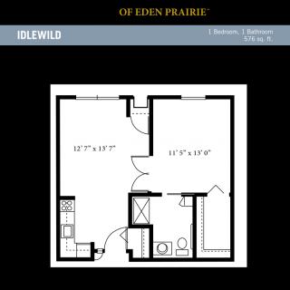 Floor plan of a 1-bedroom apartment with kitchen and bathroom.