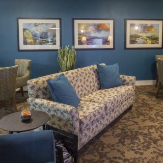A cozy living room with a patterned sofa, blue cushions, and framed artwork on the walls.