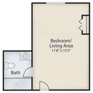 Floor plan of a studio apartment with bathroom and combined bedroom/living area.
