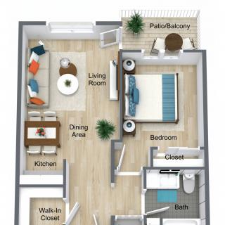 This image shows a floor plan for a one-bedroom apartment, including a living room, kitchen, dining area, bathroom, and patio/balcony.