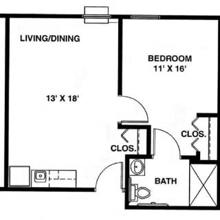 A floor plan of a one-bedroom apartment with living/dining area, kitchen, bathroom, and closets.