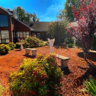 A serene garden area featuring benches, vibrant plants, and a clear blue sky.