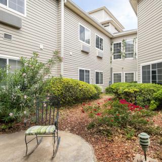 A peaceful courtyard with a single chair surrounded by landscaped shrubs and an apartment building.