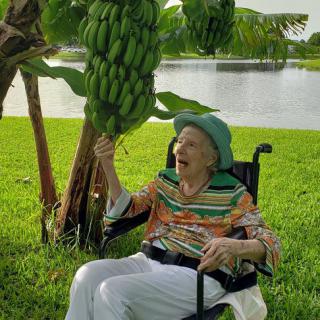 An elderly person in a wheelchair smiles under a banana tree by a lakeside.