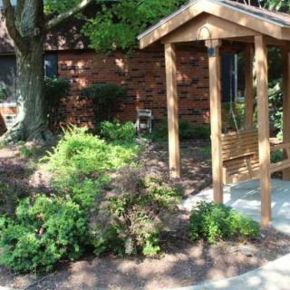 A peaceful garden with a wooden swing and lush greenery.
