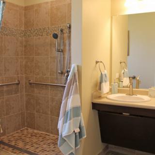 A modern bathroom featuring a tiled shower area and a sleek sink with a mirror.
