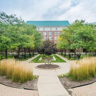 A beautifully landscaped garden with a pathway leading to a building surrounded by lush greenery.