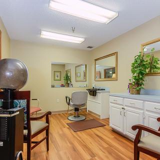 A cozy salon interior with a chair, mirror, and decorative plants.