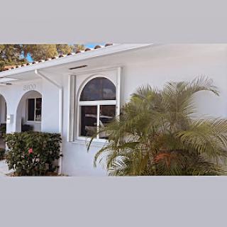 A view of a modern house featuring an elegant arched window and lush palm greenery.