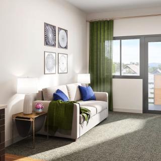 A modern living room with a cozy sofa, decorative pillows, and vibrant green curtains allowing natural light to pour in.