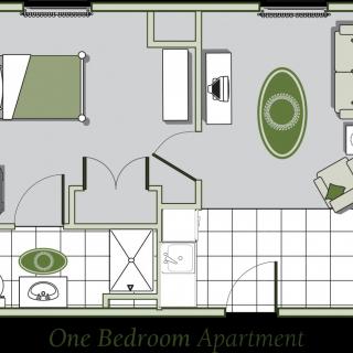 A floor plan of a one-bedroom apartment layout.