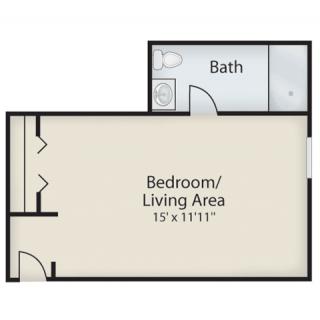 Floor plan of a studio apartment with a combined bedroom/living area and a separate bathroom.