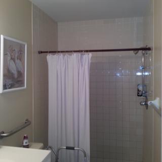 A bathroom with a shower curtain and tiled walls.
