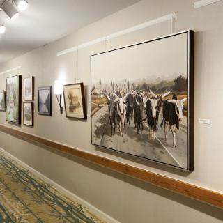 A hallway in an art gallery displaying various paintings on the walls.