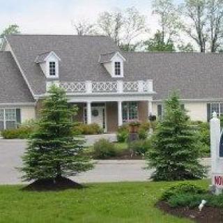 A charming residential house with a manicured lawn and evergreen trees in the front yard.
