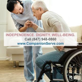 A caregiver assisting an elderly man in a wheelchair, promoting independence, dignity, and well-being.
