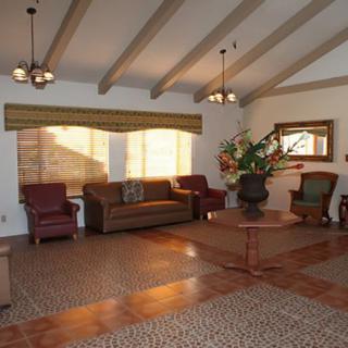 A well-lit living room featuring a sofa, chairs, and a coffee table with decorative elements.