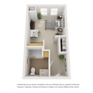 3D floor plan of a studio apartment with designated living, sleeping, and kitchen areas.