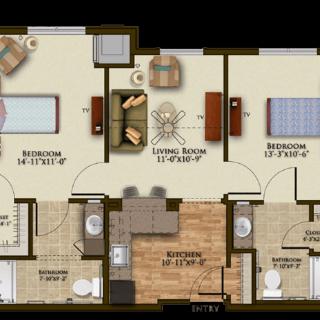 A detailed floor plan of a two-bedroom apartment featuring a living room, kitchen, and bathrooms.