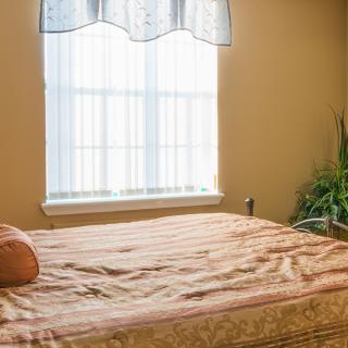 A cozy bedroom with a large window allowing natural light to brighten the space, featuring a neatly made bed and potted plants for decoration.