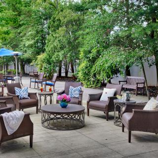 A charming outdoor patio with comfortable seating surrounded by lush greenery.