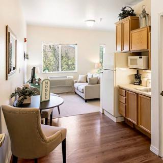 A cozy apartment interior featuring a compact living room and kitchen area with modern furnishings.