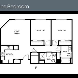 A floor plan of a two-bedroom apartment with living area, kitchen, and bathrooms.