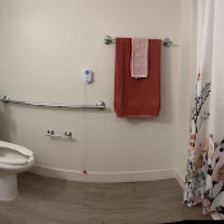 A well-lit and accessible bathroom featuring a toilet, towel rack, handrails, and a colorful shower curtain.