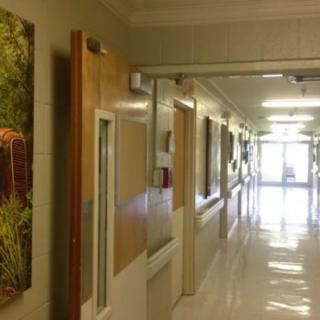 A brightly lit hospital corridor with doors on both sides.