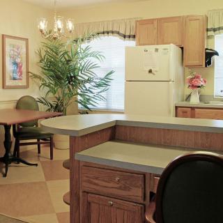 A cozy kitchen and dining area featuring a white refrigerator, wooden cabinets, a central counter, and a dining table with chairs, complemented by a large potted plant.