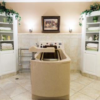 A serene spa bathroom featuring a luxurious tub and neatly arranged towels.