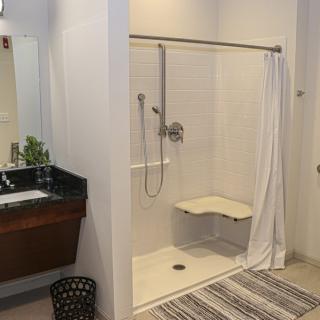 A contemporary bathroom with a walk-in shower and sleek vanity area.