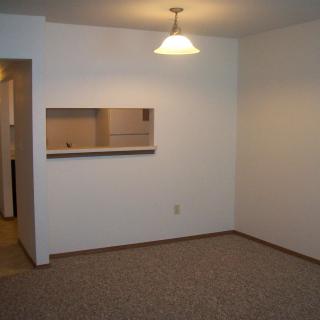 A simple empty room with a carpeted floor and a hanging light fixture, featuring a kitchen pass-through.
