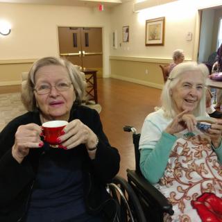 Two elderly women enjoying a drink together indoors.